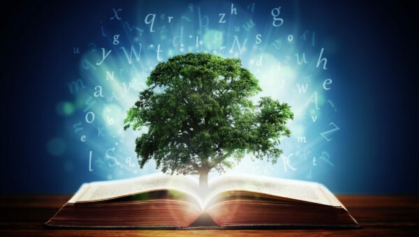 Book or tree of knowledge concept with an oak tree growing from an open book and letters flying from the pages